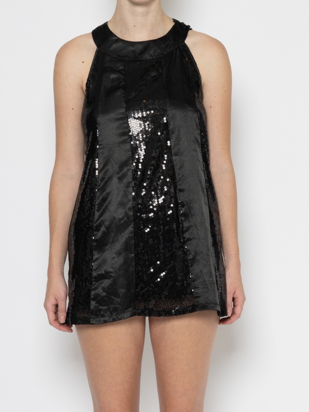 Y2k black sequin mini dress high neck open back size large vanity
